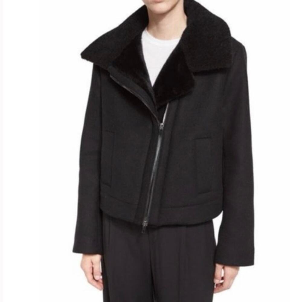 Vince Black Wool Moto Bomber Jacket Lamb Shearling Collar Women's M Edgy